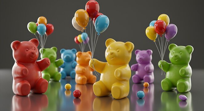 A composition of brightly colored, oversized gummy bears holding miniature colorful balloons floating in the air on a glossy, reflective surface.