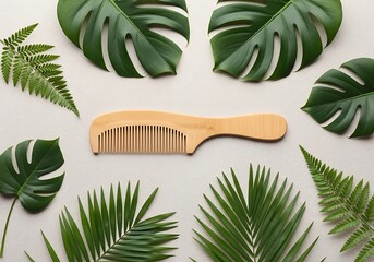 Fototapeta premium Wooden hair comb surrounded by diverse foliage creating natural composition