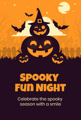 Happy halloween banner or party invitation background with violet fog clouds, ghost and pumpkins