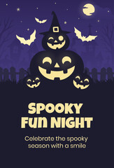 Happy halloween banner or party invitation background with violet fog clouds, ghost and pumpkins