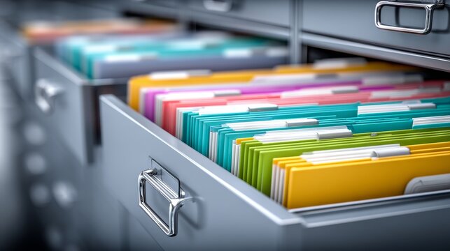 An organized filing system is implemented in a storage drawer using colorful folders, allowing for quick and easy access to important documents and records