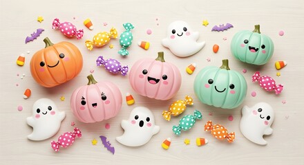 Naklejka premium Cute kawaii-themed Halloween flatlay with smiling pumpkins, pastel ghosts, and candies.