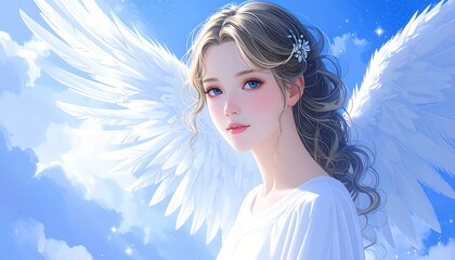 A digital artwork depicts a serene young woman with long blonde hair adorned with a flower, angelic wings spread against a dreamy, cloudy sky. She has fair skin, blue eyes, and a gentle expression