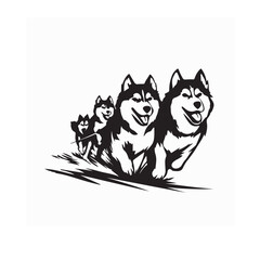 Group of Running Alaskan Malamutes Vector Silhouette Design on white background