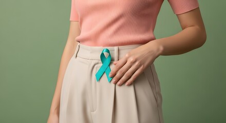 Teal Ribbon on Waistband Symbolizing Support for Ovarian and Cervical Cancer Awareness