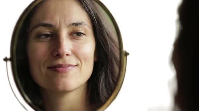 An introspective image focuses on a woman's face reflected in a round mirror. Her thoughtful gaze and subtle smile suggest self-reflection and contentment. The frame is metallic