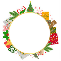 Vector illustration of a round frame with Christmas presents, fir trees, candy canes and holly on a white background. Perfect for holiday themes.