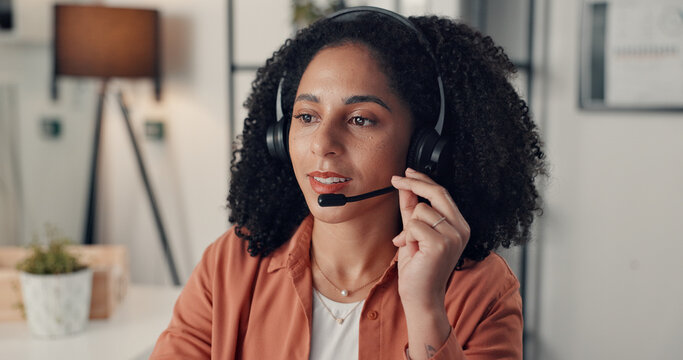 Business woman, consultant and headset with mic for online advice or customer service in office. Female person, agent or employee talking with technology for virtual assistance or help in call center
