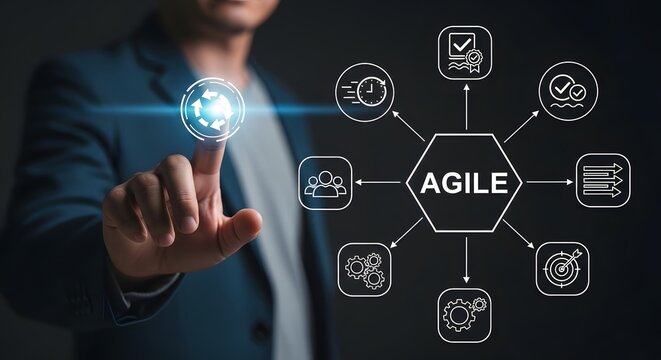 Man in suit interacts with an "Agile" diagram with icons, representing a modern business approach.
