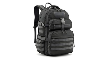 A black tactical backpack with multiple compartments and straps, isolated against a white background.