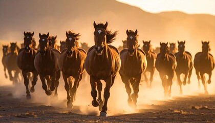 Majestic Herd: Wild Horses Galloping at Sunset