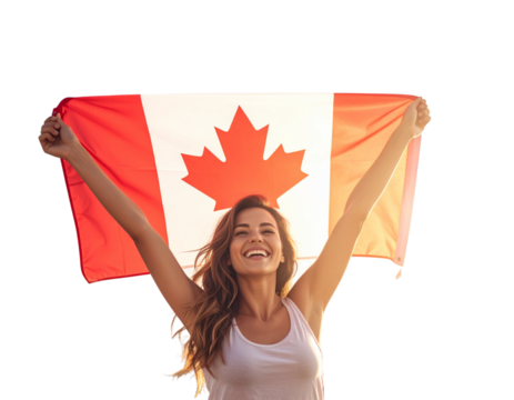 Cheerful Canadian Woman Waving Flag Above Head, Transparent PNG