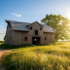Obraz premium A weathered wooden barn stands tall amidst a field of wildflowers under a clear blue sky, bathed in golden sunlight.