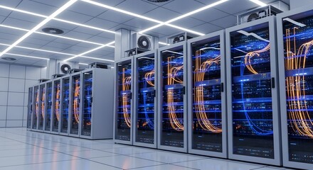 A row of server racks with visible cables and cooling systems in a data center environment.