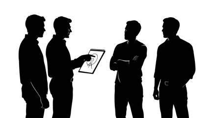 Four silhouetted men in a meeting, one pointing at a tablet displaying a target graphic.