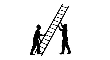 Two workers collaboratively position a long ladder, teamwork and construction concept.