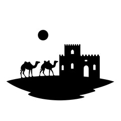 silhouette of mosque with camel