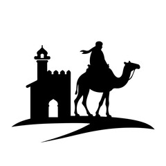 silhouette of mosque with camel