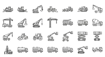 Collection of line art illustrations depicting various construction vehicles and machinery.