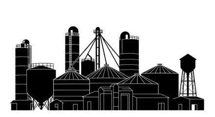 Obraz premium Silhouettes of industrial grain storage facilities against a white background.