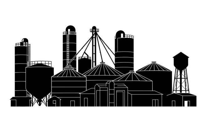 Silhouettes of industrial grain storage facilities against a white background.