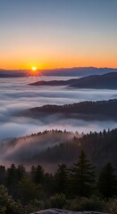 Obraz premium Sunrise Over Misty Mountain Peaks.