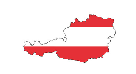 Austrias map colored with its redandwhite flag stands on a white background