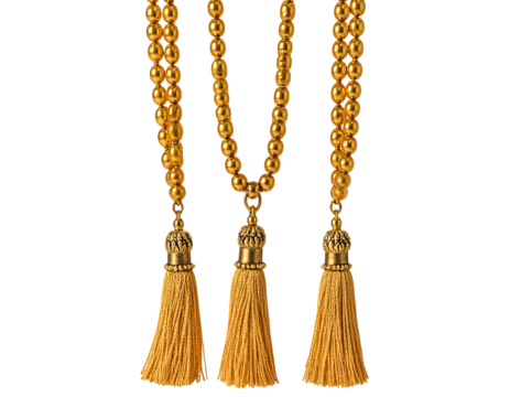 Classic Gold Tassel Fringe with Ornate Detailing, Front View, Transparent PNG 