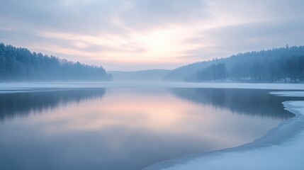Fototapeta premium Serene winter sunset over a tranquil lake surrounded by trees