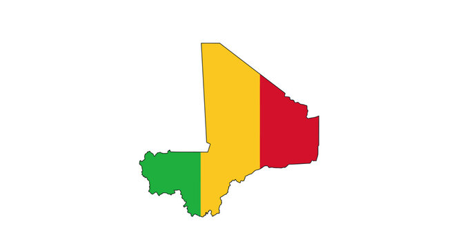 Mali country outline filled with the Malian flag colors green yellow red over a white background