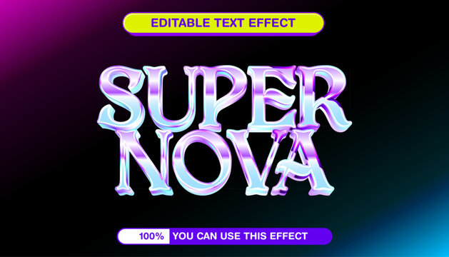 Futuristic liquid metal text style with vibrant purple and blue holographic gradients. Editable vector graphic template