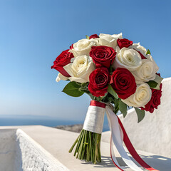 Fresh white and red roses tied with a ribbon against a clear sky background.
