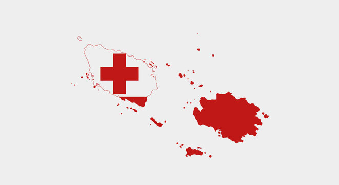 Red Tonga map outlines on light background with a red cross at the center of one island