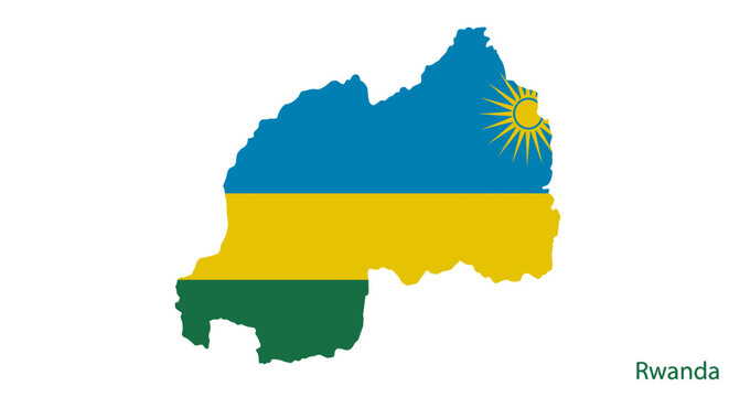 Rwanda map overlayed with its flag colors blue yellow and green and a sun icon on the upper right side