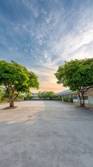 Modern Tranquil Schoolyard with Trees and Academic Buildings Premium Educational Campus Scene for Facility Management and Marketing Content