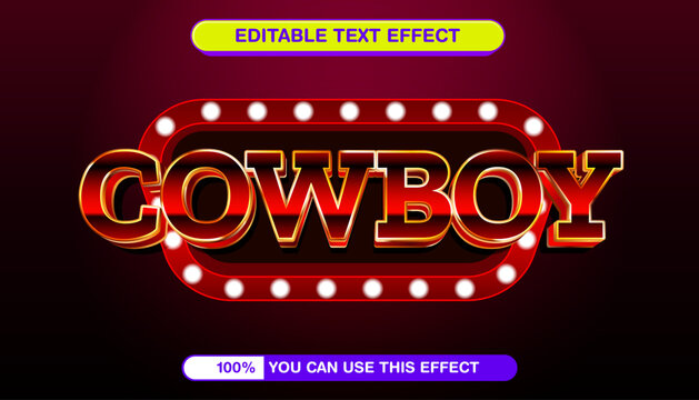 Retro Cowboy editable text effect with 3D red letters and a glowing marquee light bulb frame, vintage signage vector template