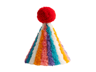 Colorful party hat with a red pompom isolated on transparent background, perfect for birthday celebrations and festive occasions