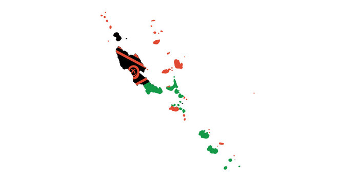Vanuatu map is displayed in black green and red featuring the flag