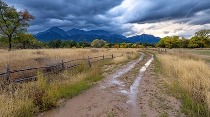 Serene Country Road with Muddy Trail, Wild Grass, and Majestic Mountains under Dramatic Cloudy Sky