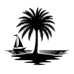 silhouette of palm trees on the beach, palm, beach, tree, island, sea, summer, tropical, vector, sun, ocean, travel, nature, illustration, landscape, water, silhouette, paradise, sand, vacation, holid