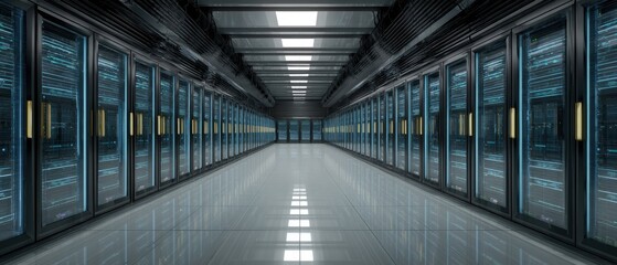 Modern Professional Data Center Server Room with Secure Cabinets and Reflective Floor for Premium IT Infrastructure Marketing and Corporate Content