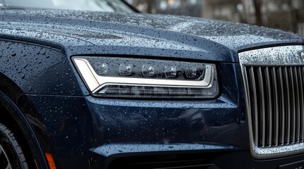 A detailed closeup shot of the front section of a dark blue, luxurious SUV on a rainy day. 