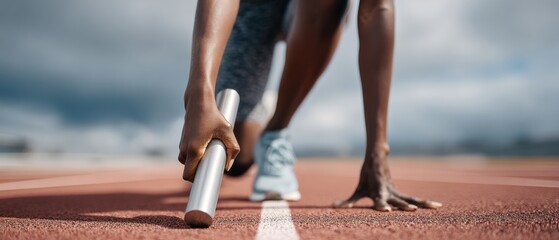 Professional Athlete Gripping Relay Baton on Running Track High-Quality Sport Gear Concept for Modern Marketing and Advertising Campaigns with Focus and Readiness
