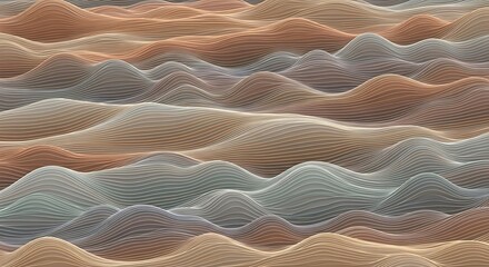 A mesmerizing abstract design features layered wavy lines in warm earth tones and cool pastels, creating a serene and tranquil landscape effect.