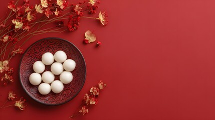 Tang Yuan sweet rice balls for Dongzhi and Lunar New Year on a red background Winter Solstice theme top view.