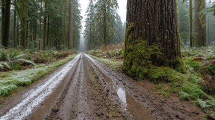 Fototapeta premium Serene Forest Path with Mossy Tree and Muddy Trail in Foggy Environment