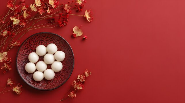 Tang Yuan sweet rice balls for Dongzhi and Lunar New Year on a red background Winter Solstice theme top view. - Powered by Adobe