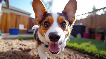 Happy playful Corgi dog with big ears running towards the camera in a sunny backyard garden setting