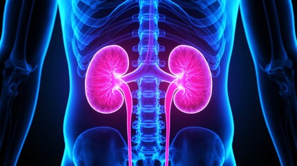 The kidneys are depicted in vibrant pink with intricate internal structures, connected to the ureters which extend downwards.