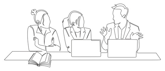Continuous line art of business men and women working in front of laptops with open books in front of them while discussing. Concept of busy business owners.

